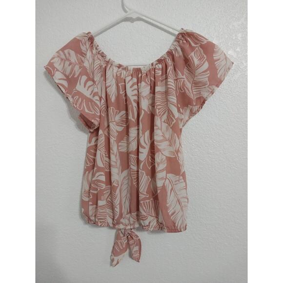 Sienna Sky Womens Pink White Tropical Palm Leaf Size XS Blouse Flutter Sleeve - Picture 2 of 5